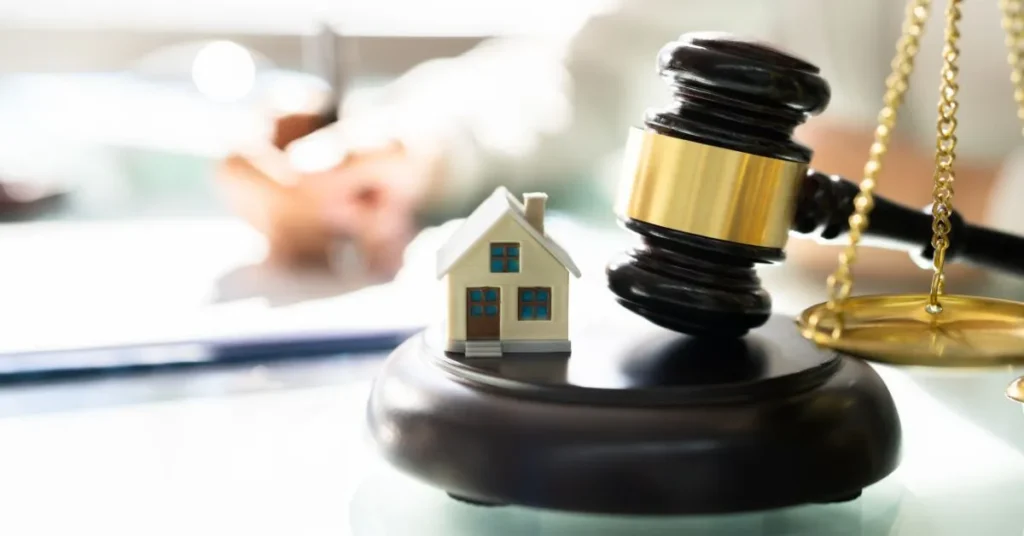 Miniatura de casa sobre um martelo de juiz, simbolizando a atuação do advogado imobiliário na resolução de questões jurídicas sobre imóveis.