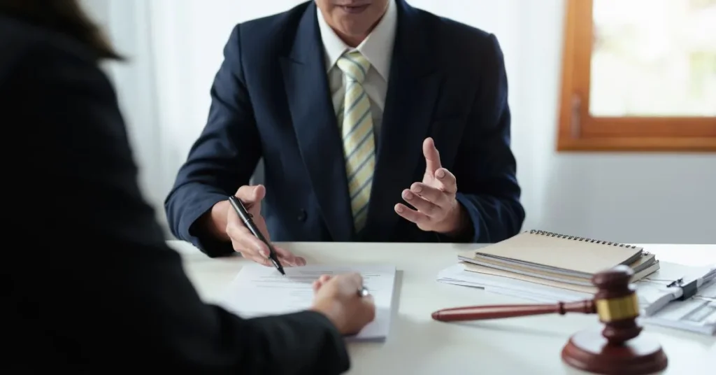 Advogado em terno explicando um contrato para um cliente que está assinando o documento, com um martelo de juiz e cadernos sobre a mesa.