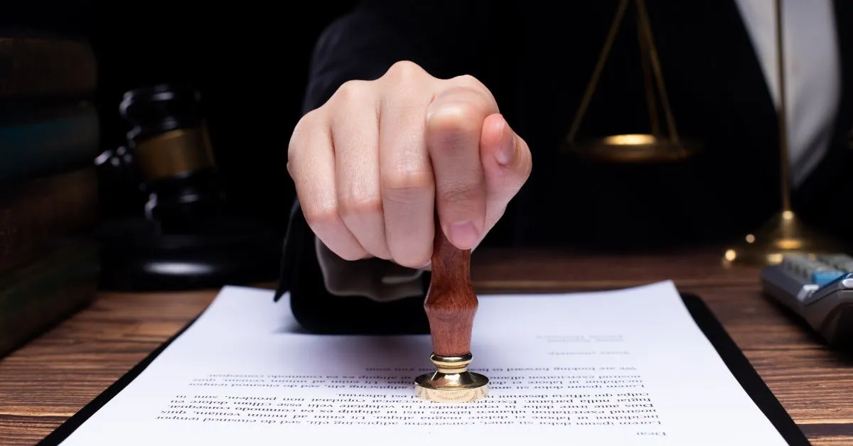 Pessoa carimbando documento em cartório para inventário extrajudicial.