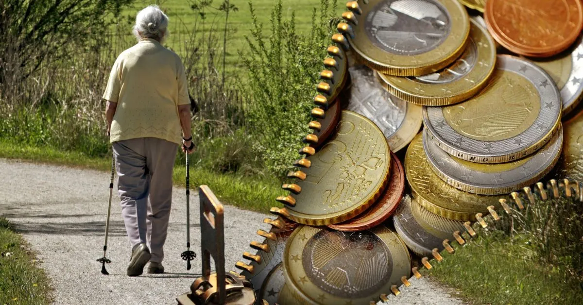 Imagem ilustrativa sobre reforma da previdência, mostrando uma pessoa idosa caminhando ao lado de moedas, representando aposentadoria.