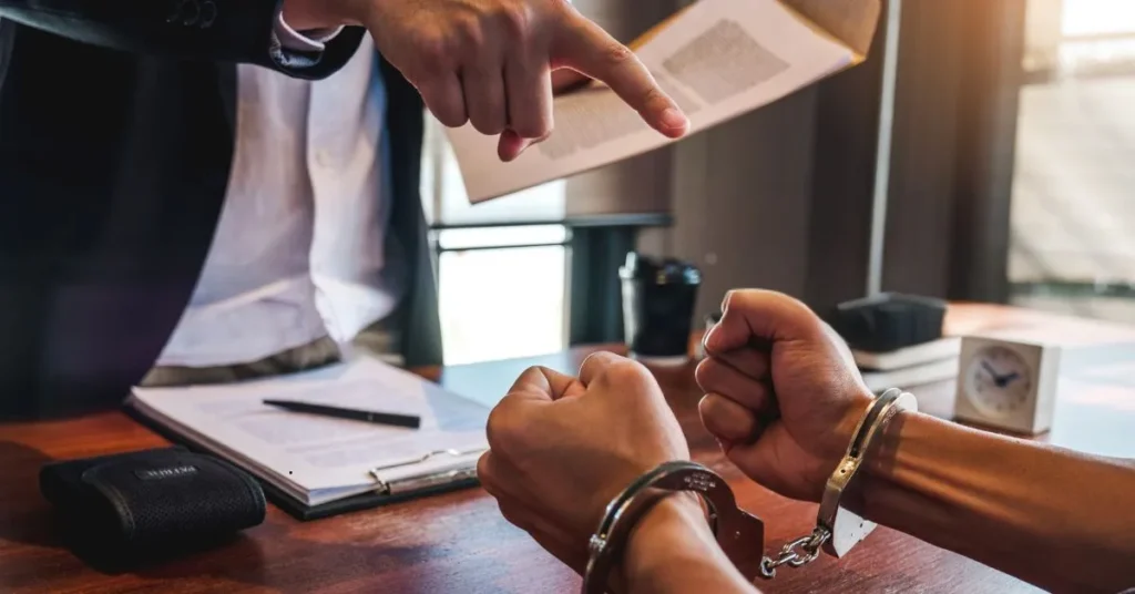 Pessoa algemada sendo apontada durante audiência, ilustrando aplicação prática do direito penal.