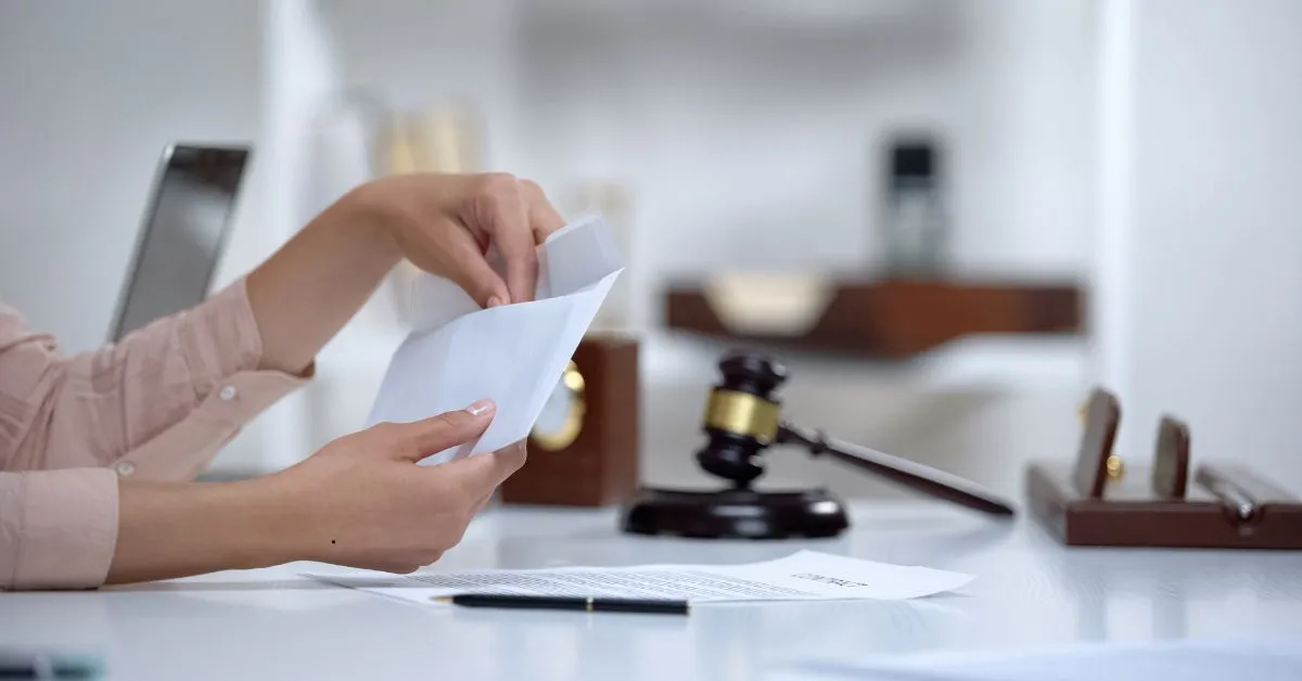 Pessoa abrindo envelope com documentos ao lado de martelo de juiz, representando o procedimento de solicitar a pensão por morte no INSS