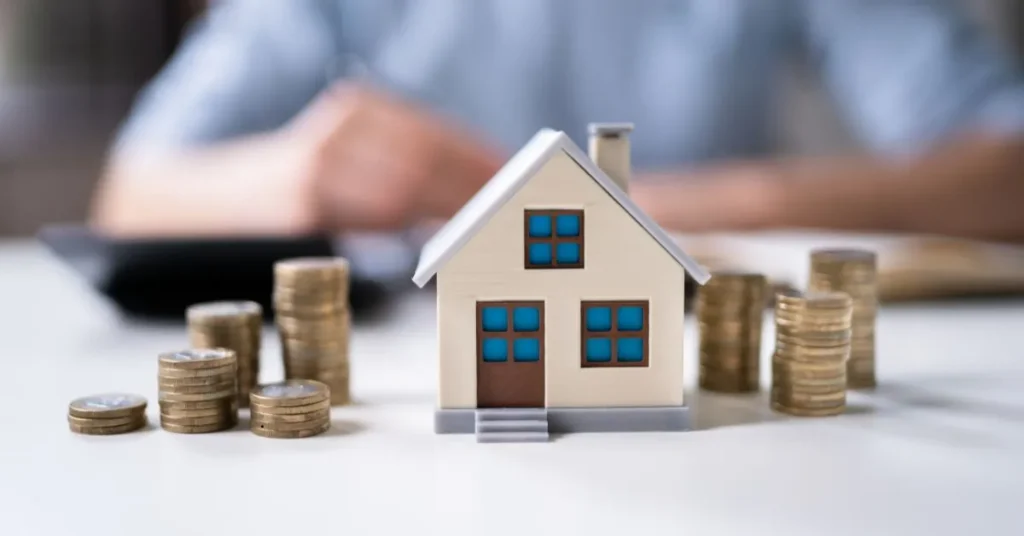 Miniatura de casa entre pilhas de moedas simbolizando revisão de aluguel e equilíbrio de valores