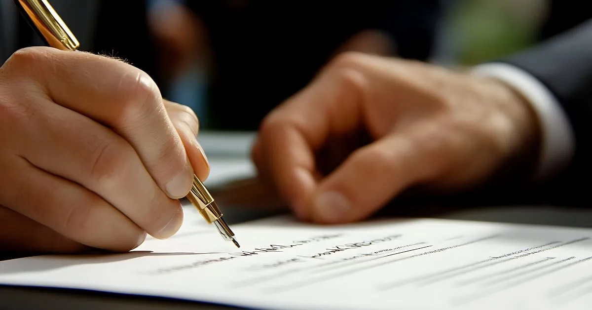 Pessoa assinando contrato de serviço com caneta dourada, representando assinaturas e cobranças recorrentes