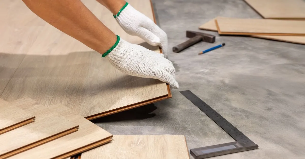 Atraso em obras e reformas com trabalhador instalando piso durante reforma