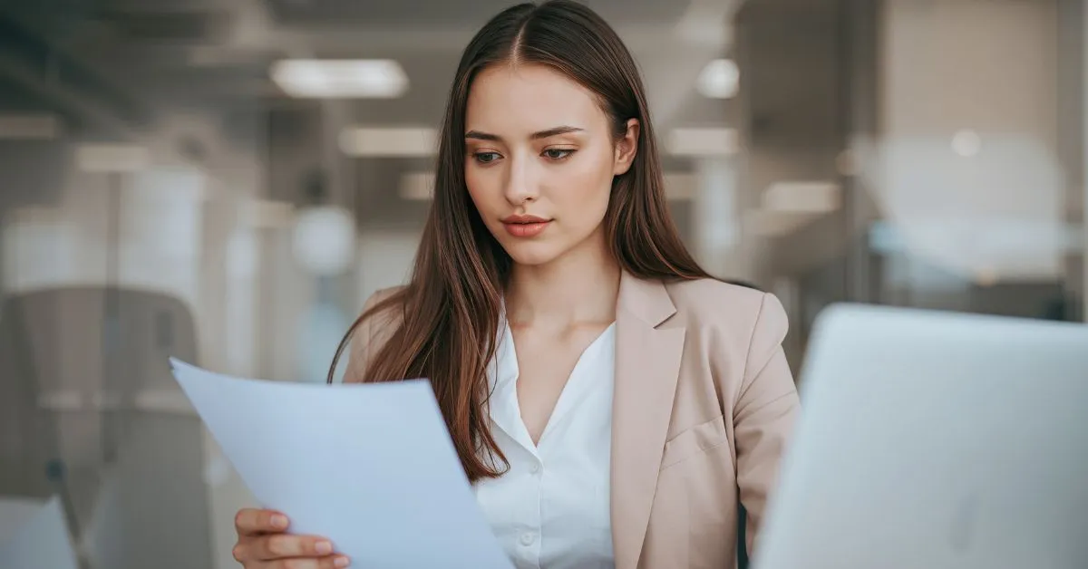 Mulher analisando contrato imobiliário para identificar cláusulas abusivas em contratos de imobiliária