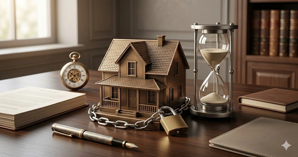 Fotografia fotorrealista de uma mesa de escritório de madeira escura com um modelo de bronze de uma casa de família, envolta por uma corrente sutil e um cadeado dourado, ao lado de uma ampulheta de metal escorrendo areia, simbolizando a alienação fiduciária e o tempo de execução sob o Novo Marco Legal das Garantias.