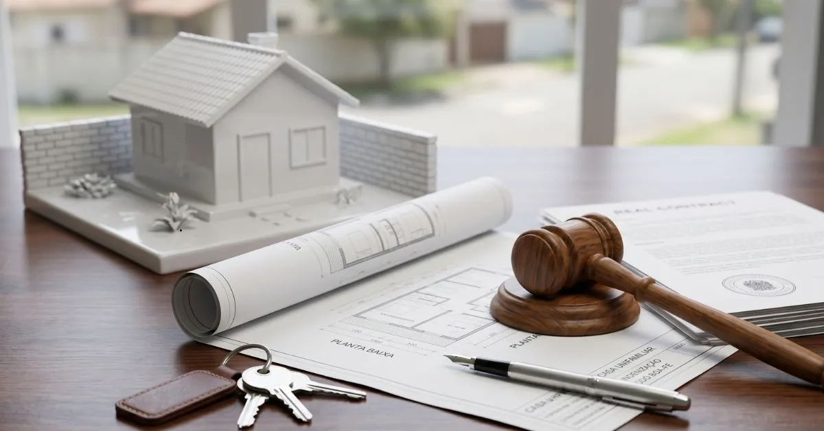 Planta de casa, chaves e documentos legais sobre a mesa, ilustrando as regras de construção em terreno de terceiros.