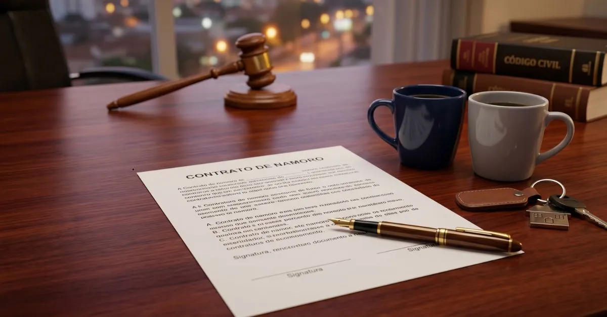 Documento de Contrato de Namoro com caneta e xícaras de café sobre uma mesa de madeira, representando a clareza e proteção no relacionamento.