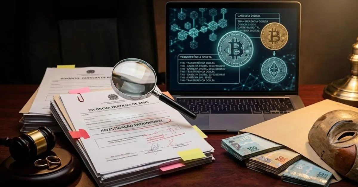 Mesa de investigação forense com gavel, documentos de partilha de bens com marcações vermelhas, dinheiro em Real brasileiro oculto, máscara simbólica representando "laranja" e laptop exibindo carteiras digitais de criptomoedas (Bitcoin, Ethereum) para rastrear fraude à meação no divórcio.