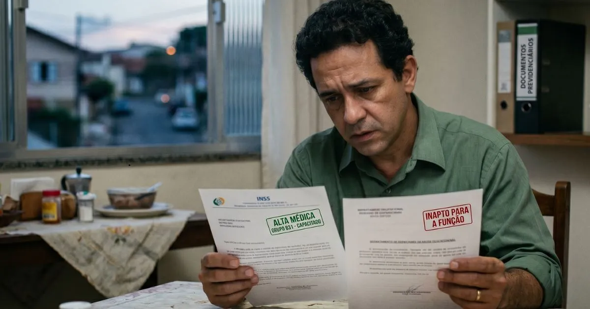 Trabalhador com expressão angustiada sentado à mesa, segurando dois documentos conflitantes: a comunicação de alta médica do INSS e o atestado de inaptidão para a função emitido pelo médico da empresa.