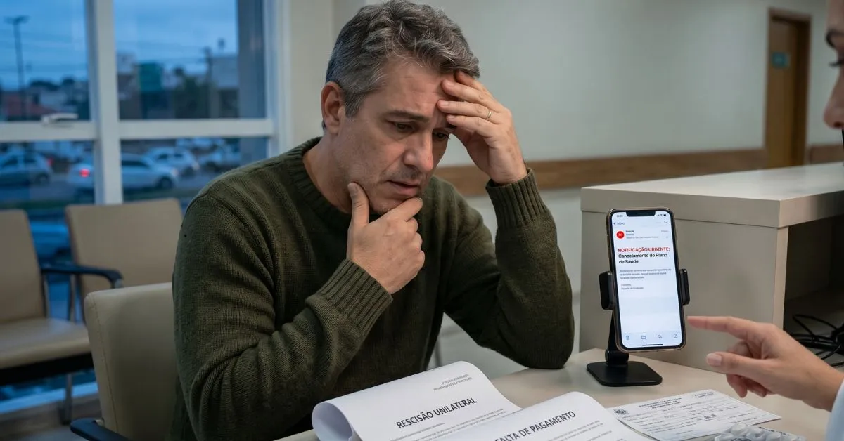 Homem com expressão de angústia no balcão de um hospital analisando um documento de rescisão unilateral de plano de saúde ao lado da recepcionista.
