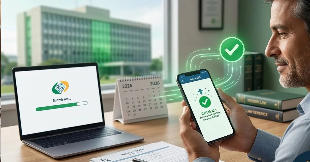 Fotografia fotorrealista de um homem utilizando o celular para enviar um atestado médico pelo aplicativo Meu INSS, com um ícone de aprovação verde flutuando sobre o aparelho. Ao lado, um notebook exibe a tela de carregamento do sistema do governo brasileiro e um calendário marca o ano de 2026, ilustrando a análise documental digital.