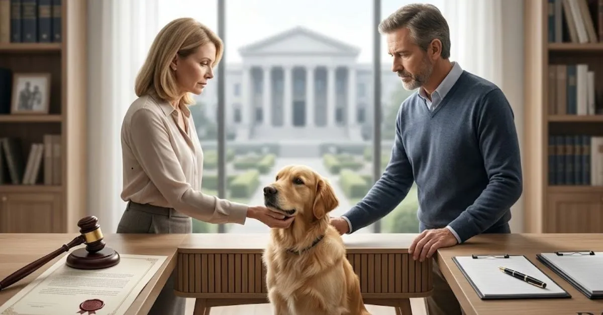 Fotografia fotorrealista de um casal em um escritório de advocacia clássico, com um cachorro da raça Golden Retriever posicionado entre eles. Há um martelo de juiz e documentos legais sobre a mesa de madeira, simbolizando a mediação e a decisão jurídica sobre a guarda de animais de estimação após o divórcio.