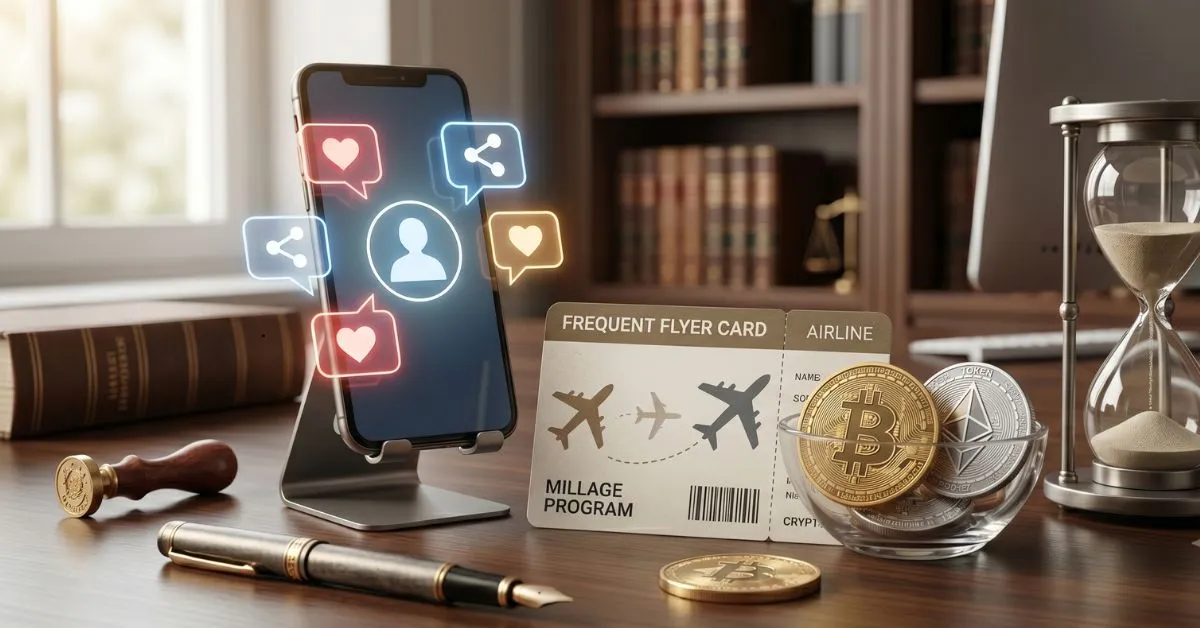 Fotografia fotorrealista de uma mesa de escritório de madeira com um smartphone exibindo ícones luminosos de redes sociais. Ao lado, um cartão de programa de milhas aéreas, moedas físicas representando criptomoedas, uma caneta-tinteiro e uma ampulheta. O cenário simboliza o planejamento sucessório e os ativos de uma herança digital.