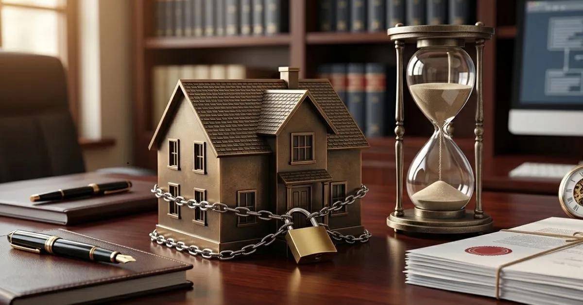 Fotografia fotorrealista de uma mesa de escritório de madeira com um modelo de casa em miniatura envolta por uma pequena corrente e um cadeado. Ao lado, documentos contratuais, uma caneta-tinteiro e uma ampulheta com areia escorrendo. O cenário simboliza o tempo acelerado e o bloqueio do patrimônio na execução extrajudicial de imóveis financiados.