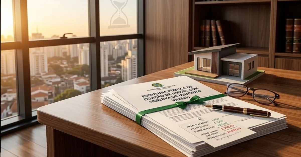 Documentos de escritura pública e uma calculadora sobre a mesa, ilustrando o cálculo do imposto na doação de imóveis.