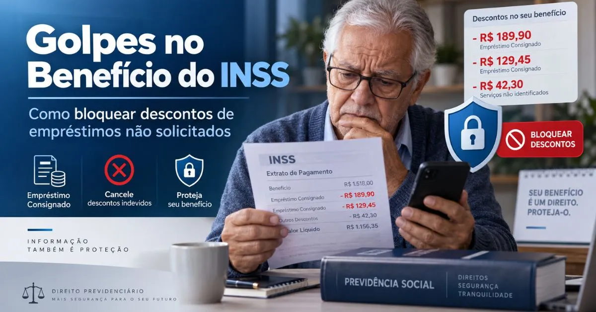 Idoso confere extrato e celular em alerta sobre empréstimo não solicitado no INSS, ao lado de escudo com cadeado.
